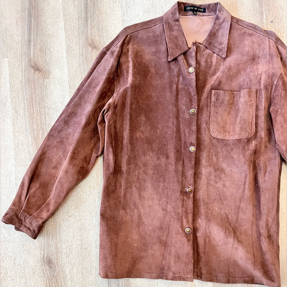 Vintage suede crème de silk brown tan button up shirt jacket - Picture 3 of 4